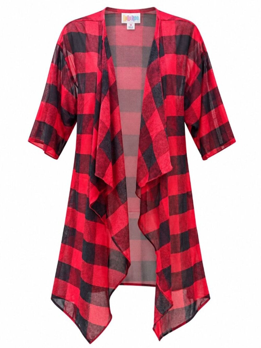 LuLaRoe Shirley Size Medium Red Black Buffalo Plaid Sheer Kimono Duster Cover Up